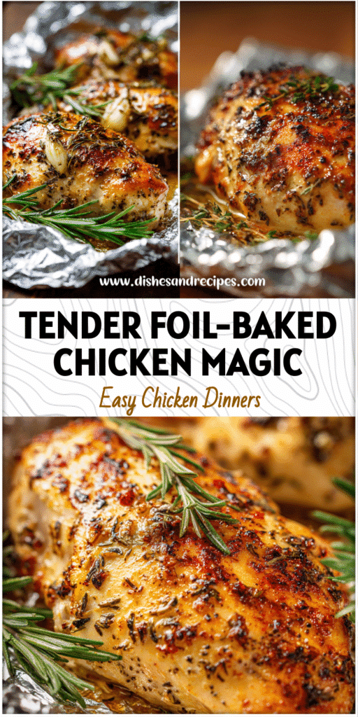 Close-up of seasoned baked chicken in foil fresh from the oven, ready to serve for dinner.